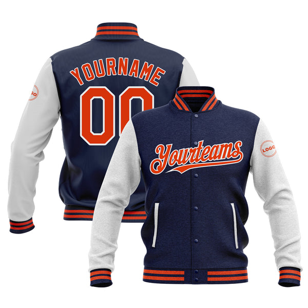 Custom Navy Orange-White Two Tone Bomber Varsity Letterman Embroidered Jacket