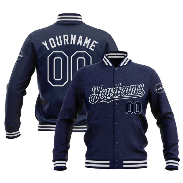 Custom Navy White Classic Style Bomber Varsity Letterman Embroidered Jacket