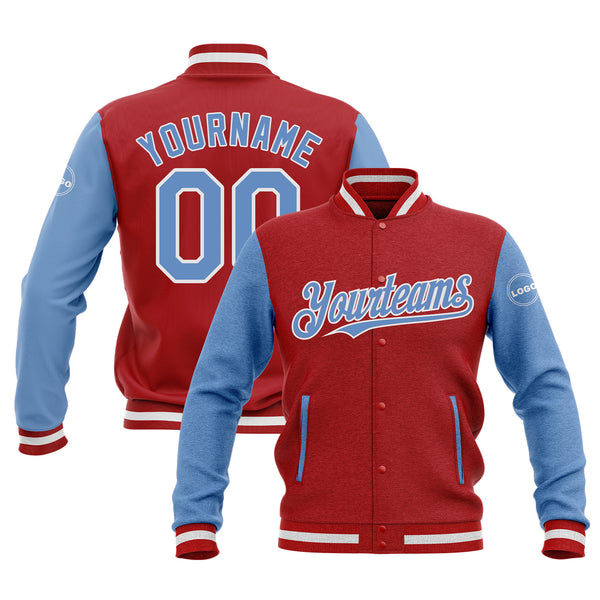 Custom Red Light Blue-White Two Tone Bomber Varsity Letterman Embroidered Jacket