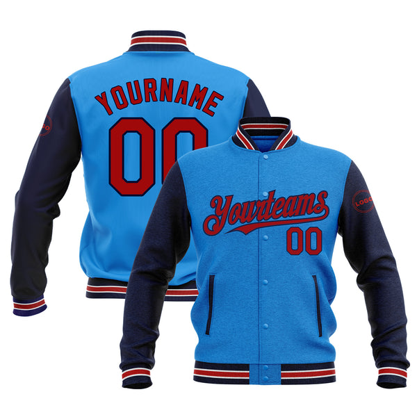 CCustom Powder Blue Red-Navy Classic Style Two Tone Bomber Varsity Letterman Embroidered Jacket