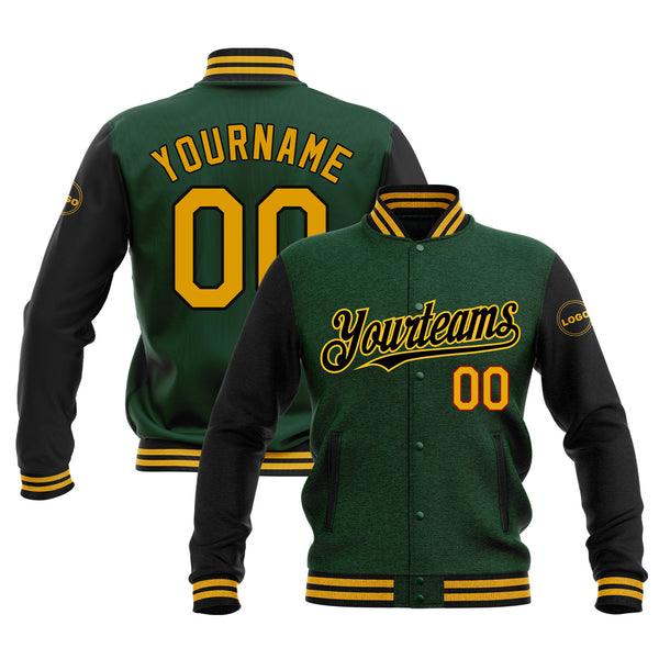 Custom Green Gold-Black Classic Style Two Tone Full-Snap Bomber Varsity Letterman Embroidered Jacket
