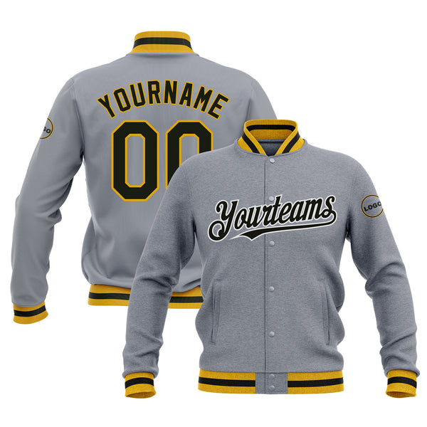 Custom Gray Black-Gold Full-Snap Bomber Varsity Letterman Embroidered Jacket