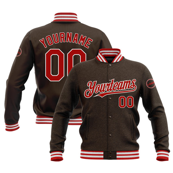 Custom Brown Red-White Classic Style Full-Snap Bomber Varsity Letterman Embroidered Jacket