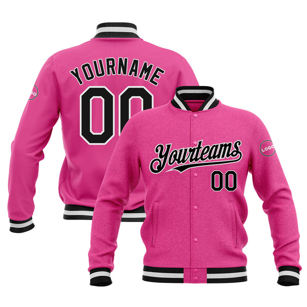Custom Pink Black-White Classic Style Bomber Varsity Letterman Embroidered Jacket