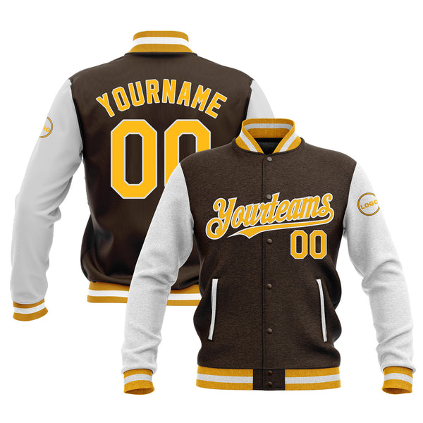 Custom Brown Gold-White Classic Style Two Tone Full-Snap Bomber Varsity Letterman Embroidered Jacket