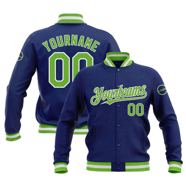 Custom Royal Neon Green-White Classic Style Bomber Varsity Letterman Embroidered Jacket