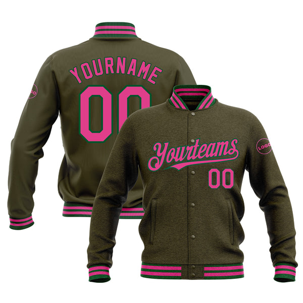 Custom Olive Pink-Kelly Green Classic Style Bomber Varsity Letterman Embroidered Jacket