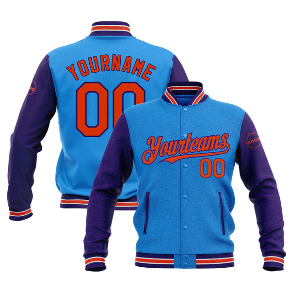 Custom Powder Blue Orange-Purple Classic Style Two Tone Bomber Varsity Letterman Embroidered Jacket