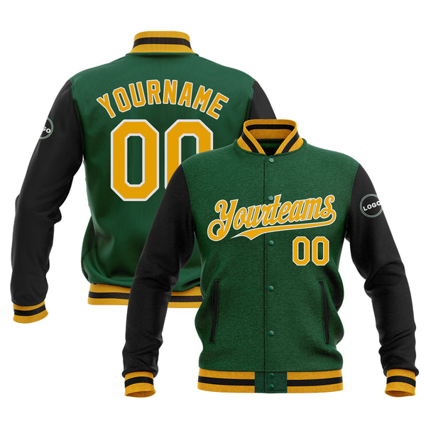 Custom Kelly Green Gold-White Classic Style Two Tone Classic Style Bomber Varsity Letterman Embroidered Jacket