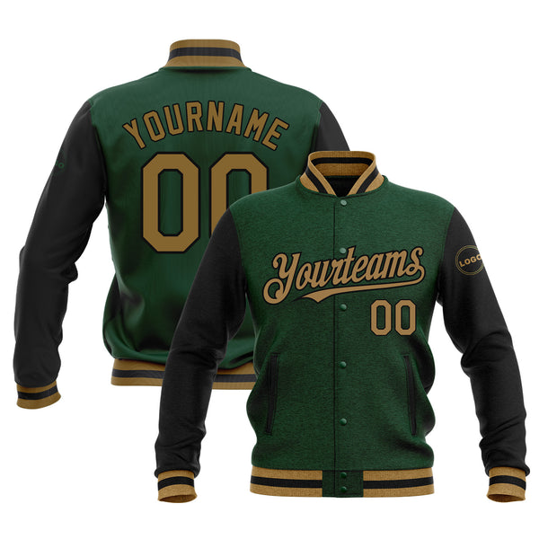 Custom Green Old Gold-Black Classic Style Two Tone Full-Snap Bomber Varsity Letterman Embroidered Jacket