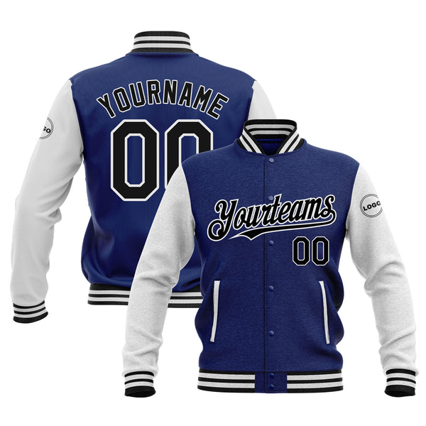 Custom Royal Black-White Classic Style Two Tone Bomber Varsity Letterman Embroidered Jacket