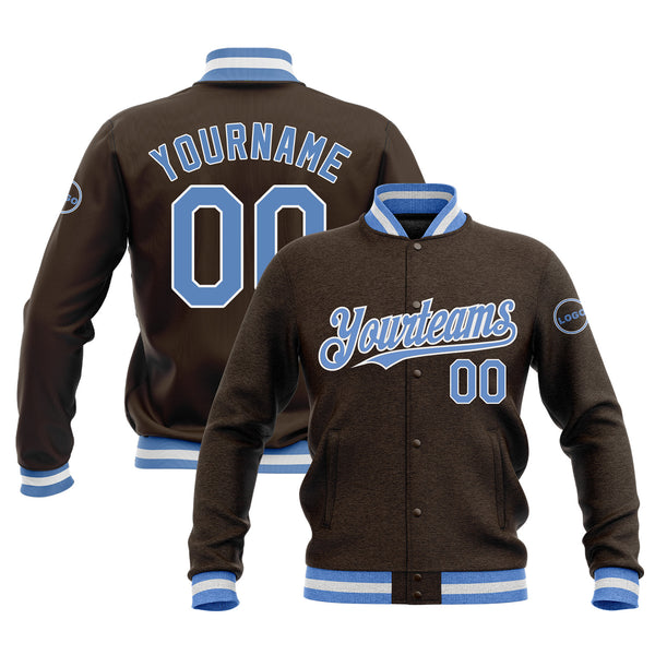 Custom Brown Light Blue-White Classic Style Full-Snap Bomber Varsity Letterman Embroidered Jacket