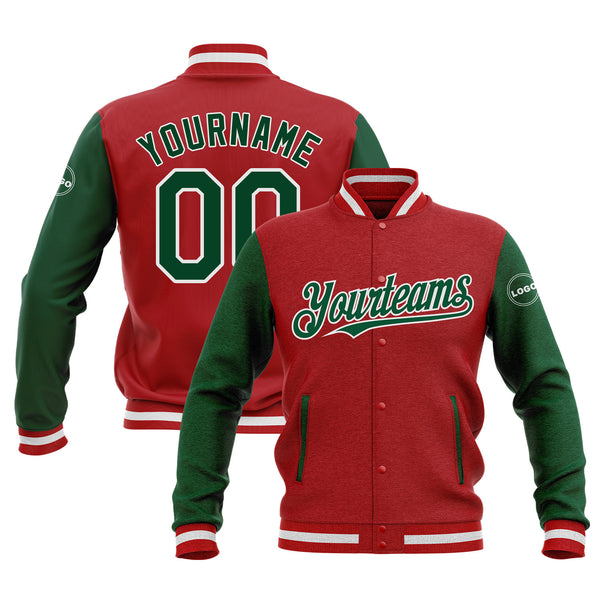 Custom Red Kelly Green-White Two Tone Bomber Varsity Letterman Embroidered Jacket