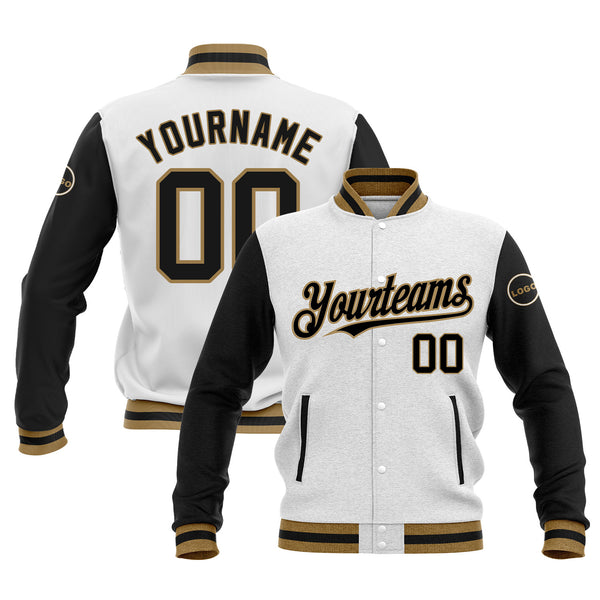 Custom White Black-Old Gold Classic Style Two Tone Bomber Varsity Letterman Embroidered Jacket