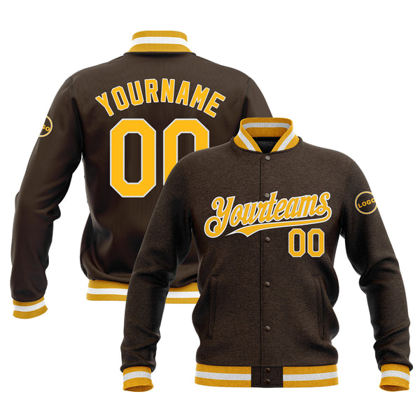 Custom Brown Gold-White Classic Style Full-Snap Bomber Varsity Letterman Embroidered Jacket