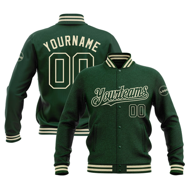 Custom Green Green-Cream Classic Style Full-Snap Bomber Varsity Letterman Embroidered Jacket
