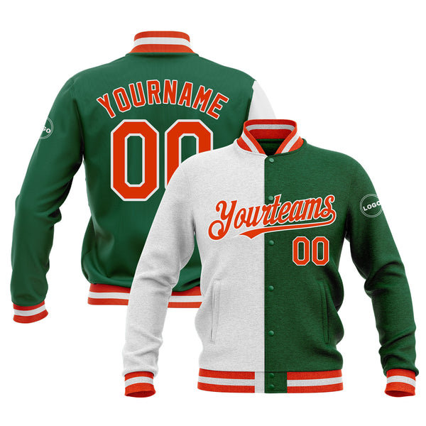 Custom Kelly Green Orange-White Classic Style Split Fashion Bomber Varsity Letterman Embroidered Jacket