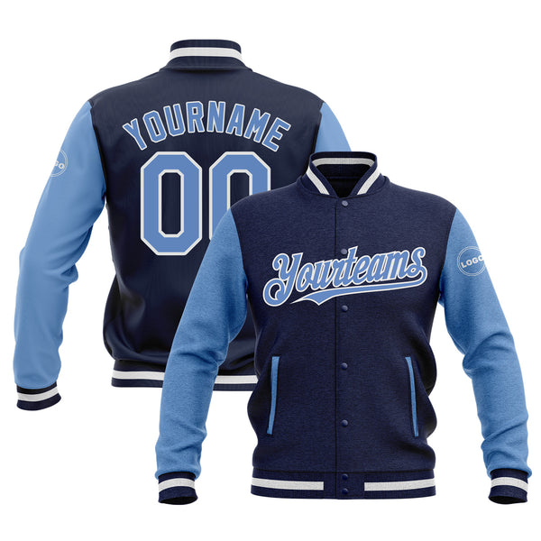 Custom Navy Light Blue-White Two Tone Bomber Varsity Letterman Embroidered Jacket