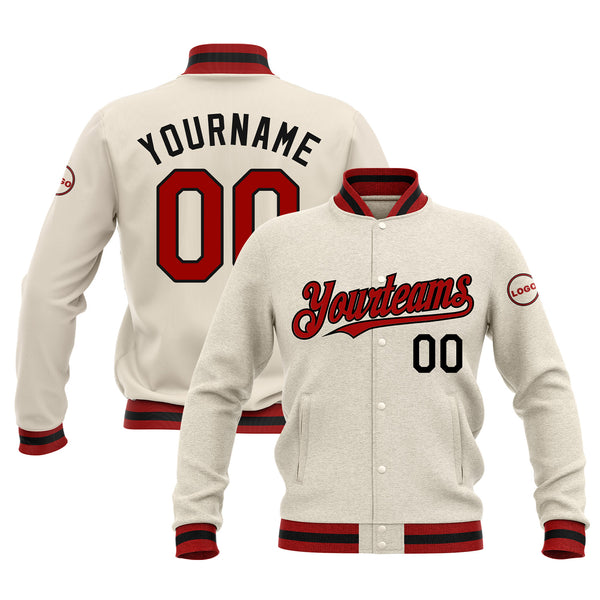 Custom Cream Red-Black Classic Style Full-Snap Bomber Varsity Letterman Embroidered Jacket