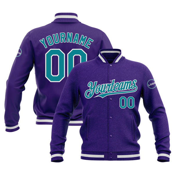 Custom Purple Teal-White Classic Style Bomber Varsity Letterman Embroidered Jacket