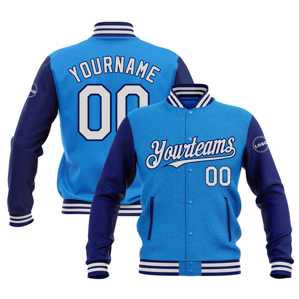 Custom Powder Blue White-Royal Classic Style Two Tone Bomber Varsity Letterman Embroidered Jacket