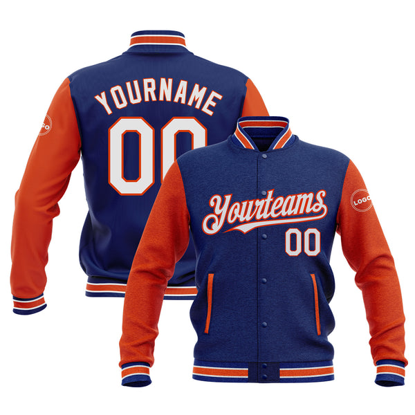 Custom Royal White-Orange Classic Style Two Tone Bomber Varsity Letterman Embroidered Jacket