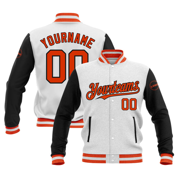 Custom White Orange-Black Classic Style Two Tone Bomber Varsity Letterman Embroidered Jacket