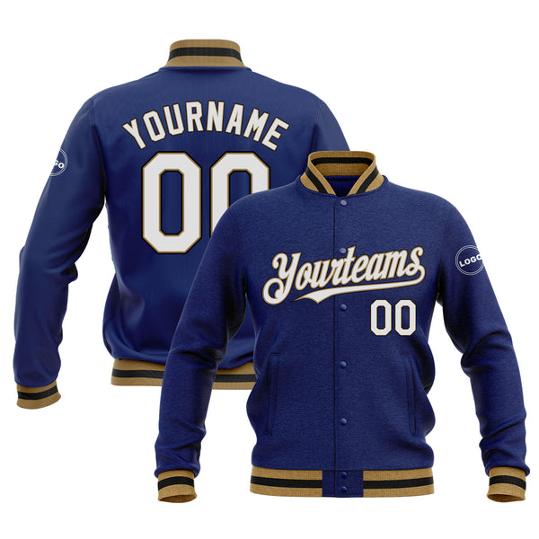 Custom Royal White Old Gold-Black Classic Style Bomber Varsity Letterman Embroidered Jacket
