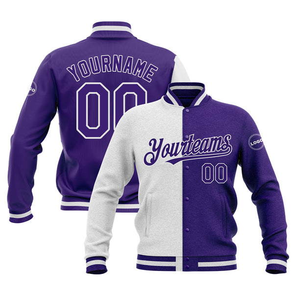White Purple Classic Style Split Fashion Bomber Varsity Letterman Embroidered Jacket