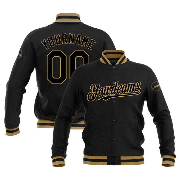 Custom Black Black-Old Gold Full-Snap Bomber Varsity Letterman Embroidered Jacket