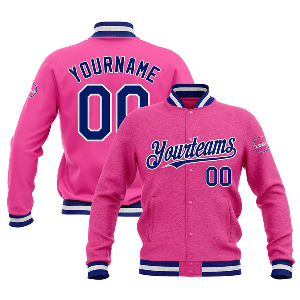 Custom Pink Royal-White Classic Style Bomber Varsity Letterman Embroidered Jacket