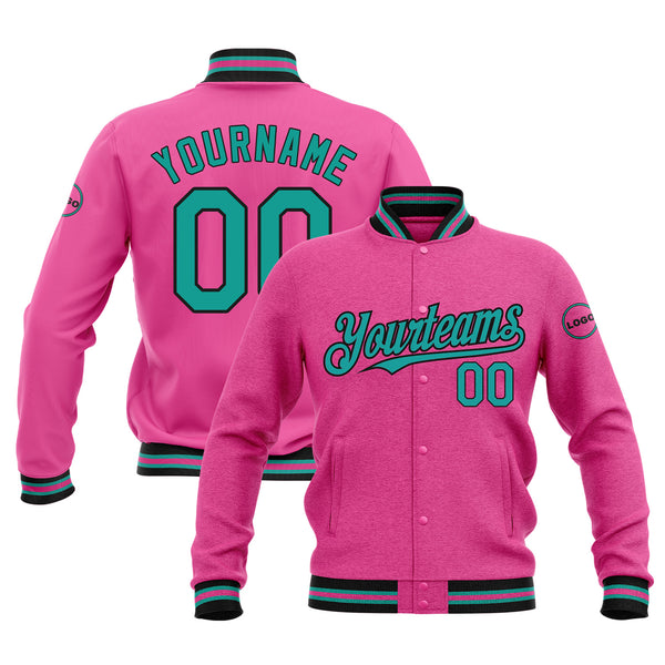 Custom Pink Aqua-Black Classic Style Bomber Varsity Letterman Embroidered Jacket