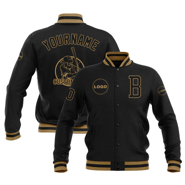 Custom Black Black-Old Gold Bomber Varsity Letterman Embroidered Jacket