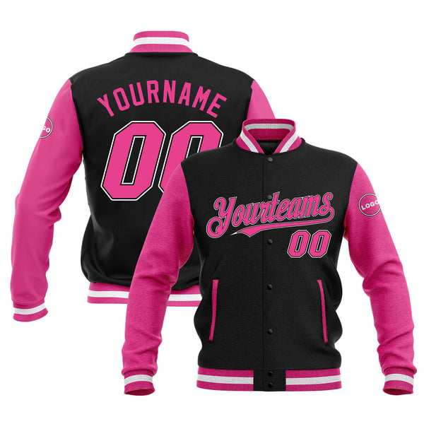 Custom Black Pink-White Classic Style Two Tone Full-Snap Bomber Varsity Letterman Embroidered Jacket