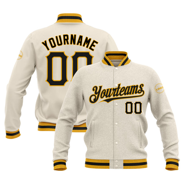 Custom Cream Black-Gold Classic Style Full-Snap Bomber Varsity Letterman Embroidered Jacket