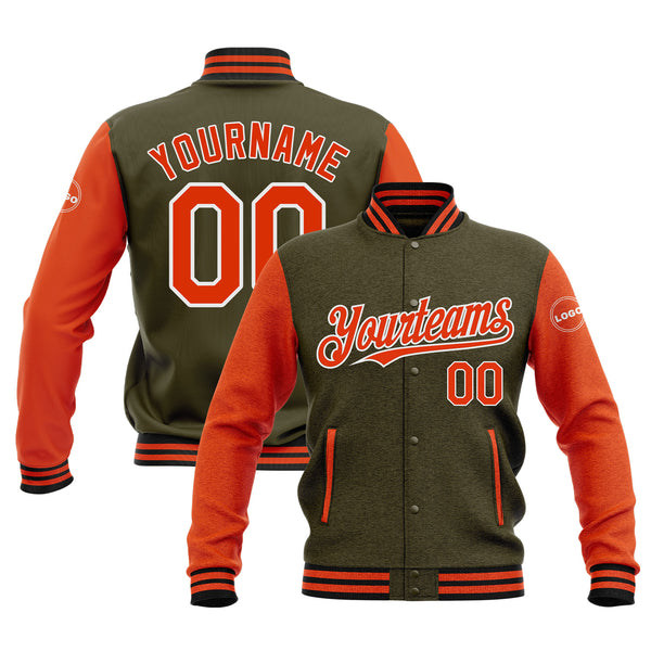 Custom Olive Orange-Black Classic Style Two Tone Bomber Varsity Letterman Embroidered Jacket
