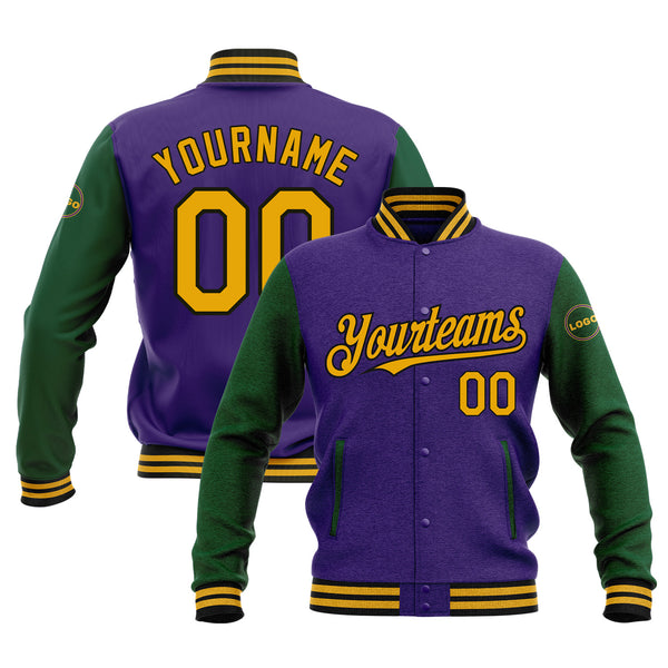 Custom Purple Gold-Kelly Green Classic Style Two Tone Bomber Varsity Letterman Embroidered Jacket