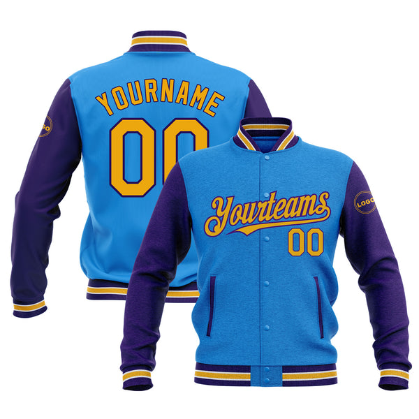 Custom Powder Blue Gold-Purple Classic Style Two Tone Bomber Varsity Letterman Embroidered Jacket