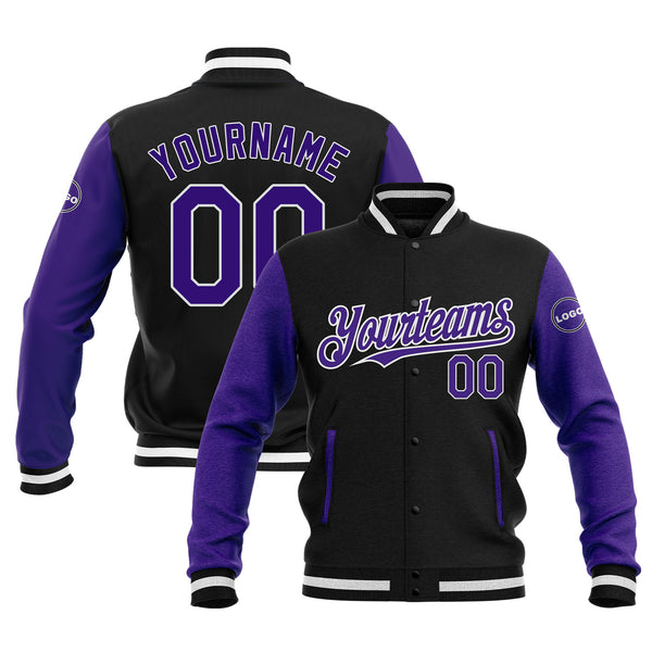Custom Black Purple-White Classic Style Two Tone Full-Snap Bomber Varsity Letterman Embroidered Jacket