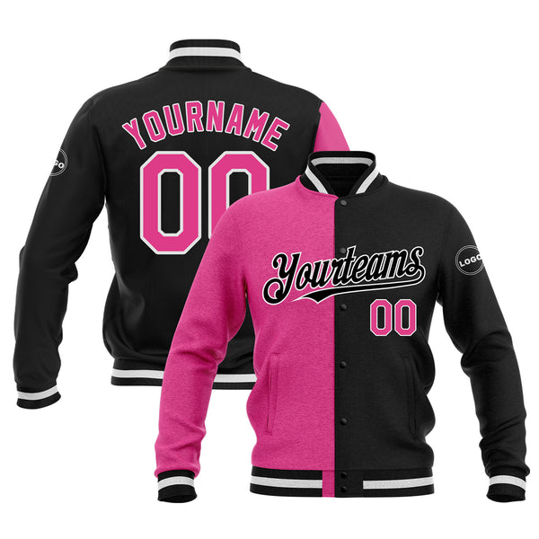 Custom Black Pink-White Classic Style Split Fashion Bomber Varsity Letterman Embroidered Jacket