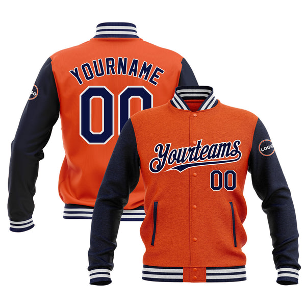 Custom Orange Navy-White Classic Style Two Tone Bomber Varsity Letterman Embroidered Jacket