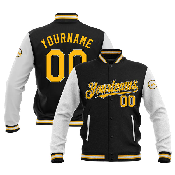 Custom Black Gold-White Classic Style Two Tone Full-Snap Bomber Varsity Letterman Embroidered Jacket