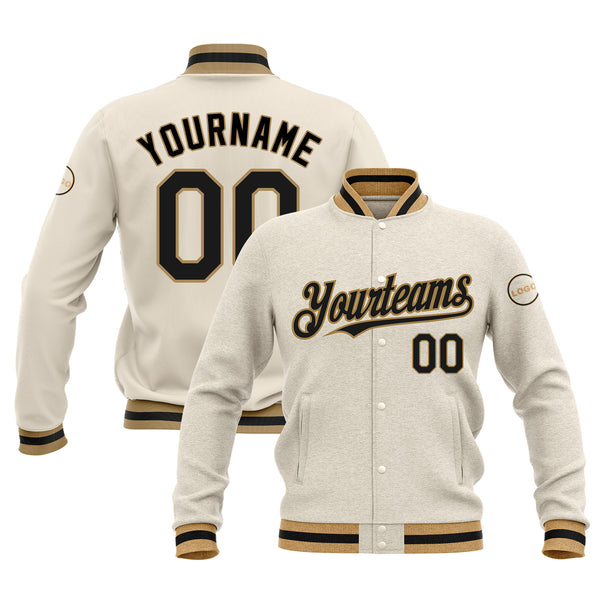 Custom Cream Black Old Gold Classic Style Full-Snap Bomber Varsity Letterman Embroidered Jacket