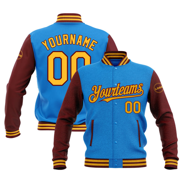 Custom Powder Blue Gold-Crimson Classic Style Two Tone Bomber Varsity Letterman Embroidered Jacket