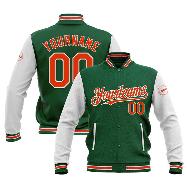Custom Kelly Green Orange-White Classic Style Two Tone Bomber Varsity Letterman Embroidered Jacket