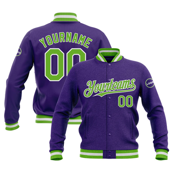 Custom Purple Neon Green-White Classic Style Bomber Varsity Letterman Embroidered Jacket
