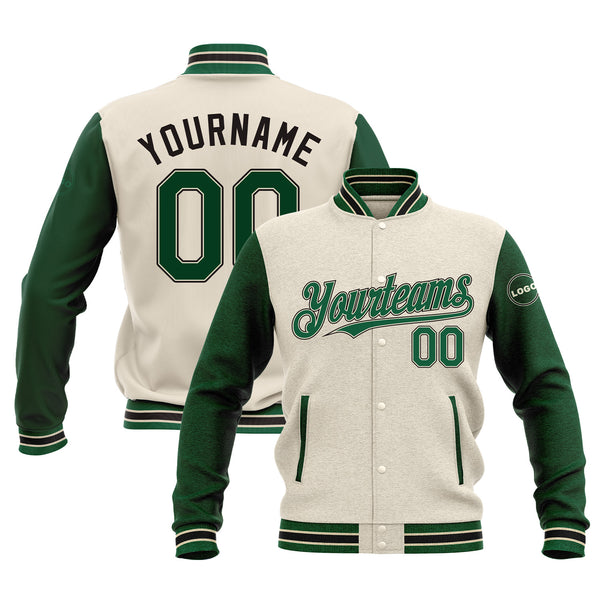 Custom Cream Kelly Green-Black Classic Style Two Tone Full-Snap Bomber Varsity Letterman Embroidered Jacket