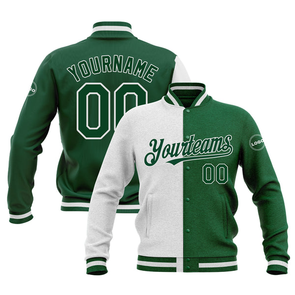 Custom White Kelly Green Classic Style Split Fashion Bomber Varsity Letterman Embroidered Jacket
