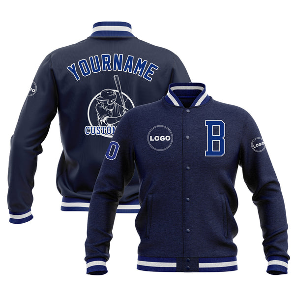Custom Navy Royal-White Bomber Varsity Letterman Embroidered Jackets