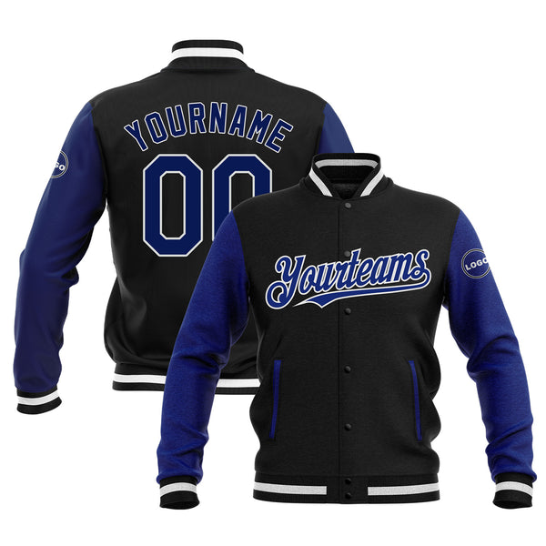 Custom Black Royal-White Two Tone Full-Snap Bomber Varsity Letterman Embroidered Jacket